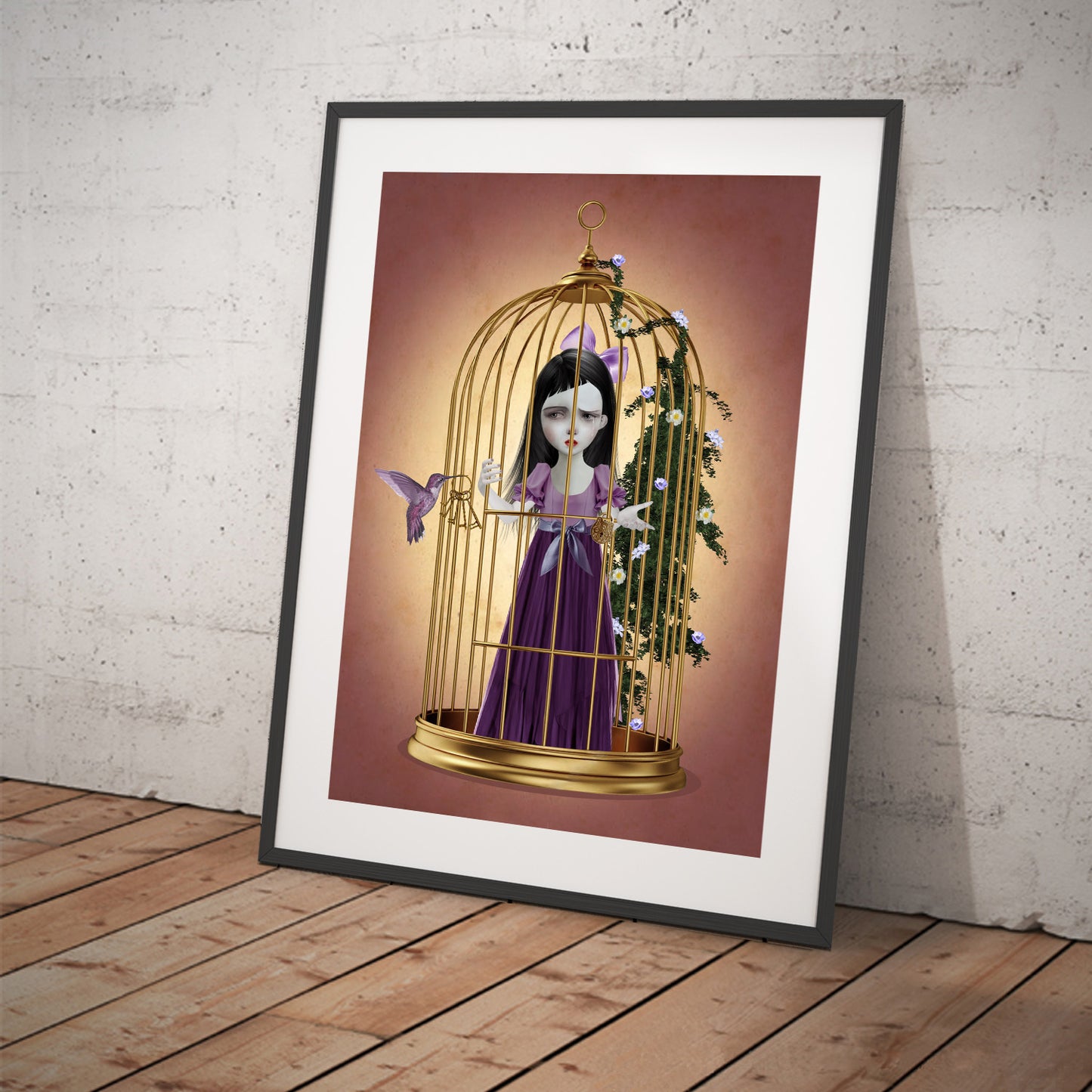 Framed art Print, girl trapped in a brass-gilded cage, an hummingbird brings the promise of liberation, providing a glimmer of hope with the key.