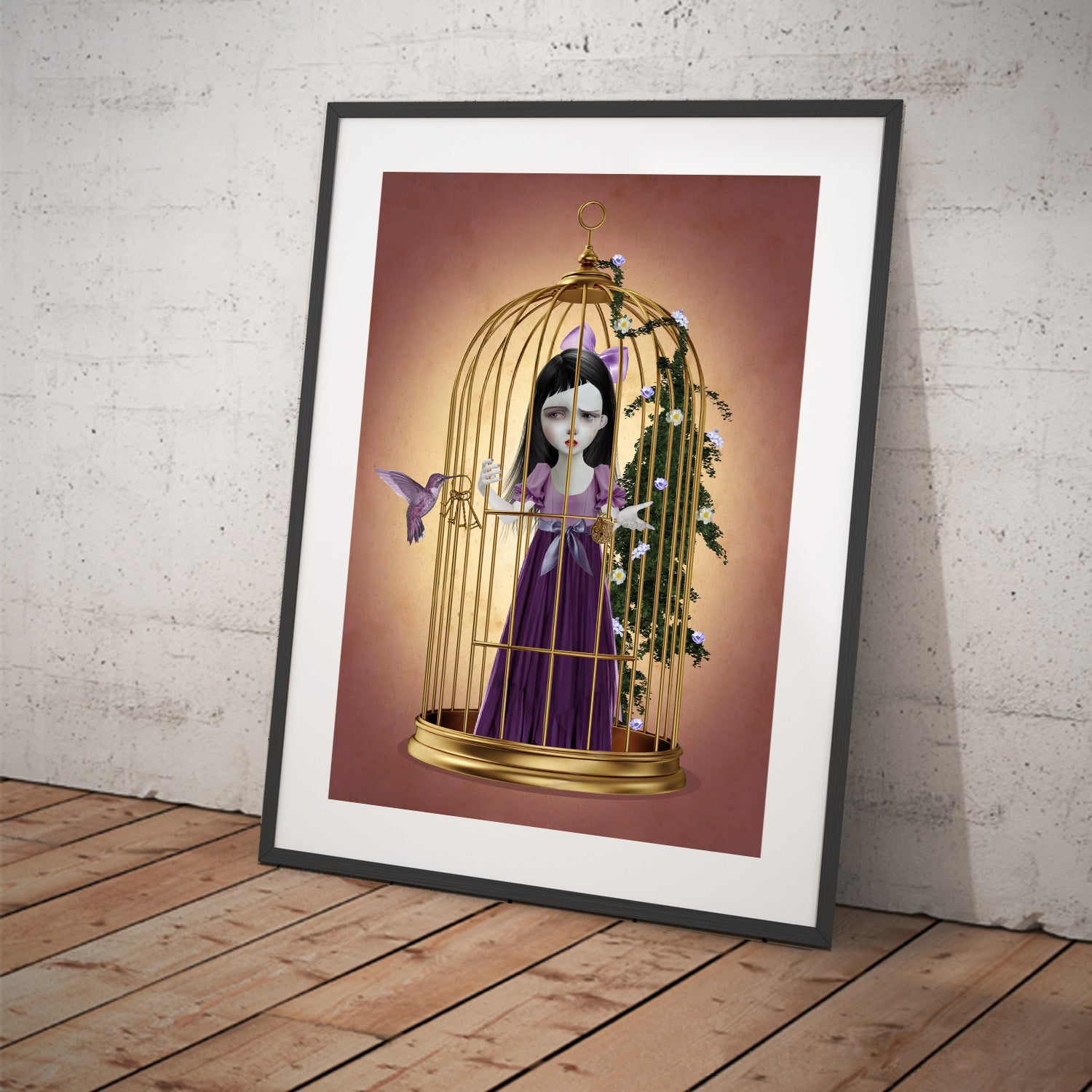 Framed art Print, girl trapped in a brass-gilded cage, an hummingbird brings the promise of liberation, providing a glimmer of hope with the key.