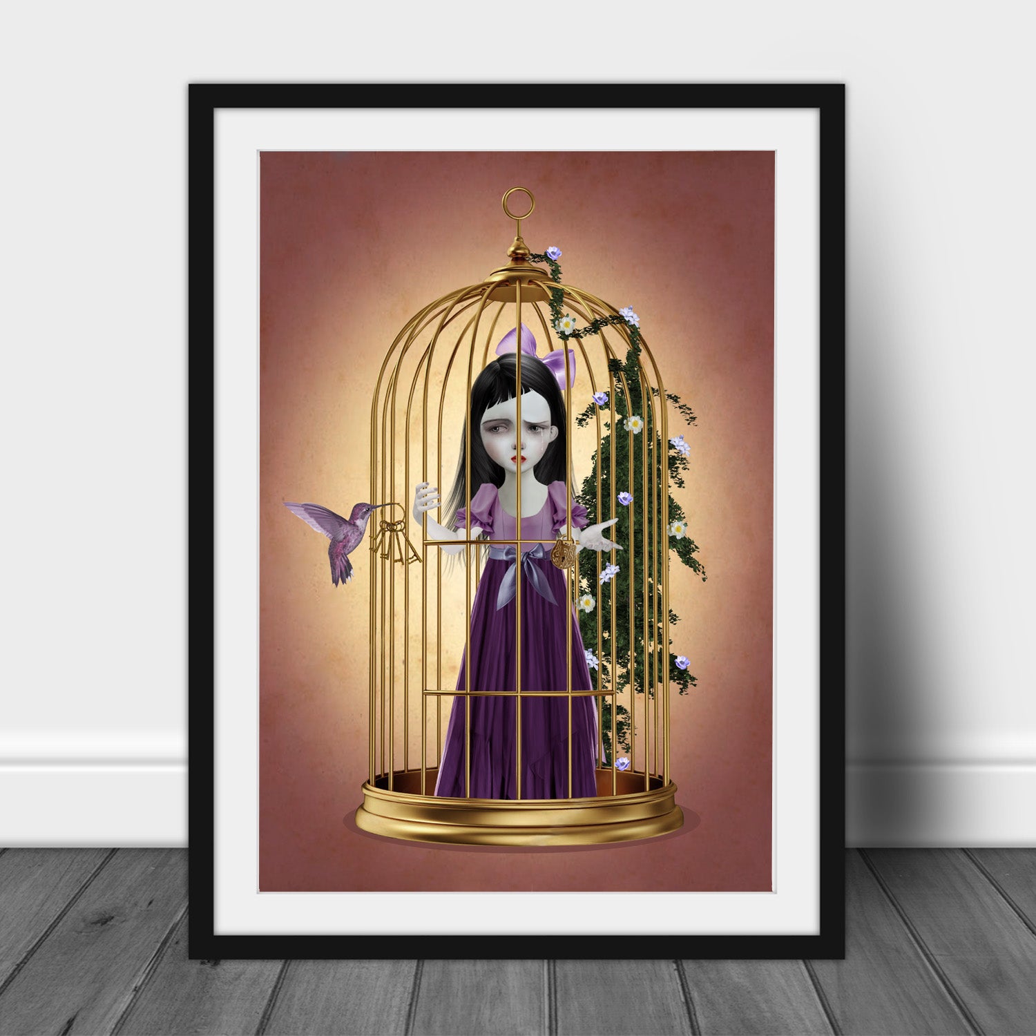 Framed Whimsical Art Print, girl trapped in a brass-gilded cage, an hummingbird brings the promise of liberation, providing a glimmer of hope with the key.