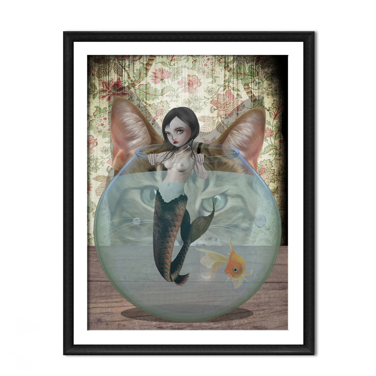 art print features a mermaid in a goldfish bowl being watched by a sly cat,