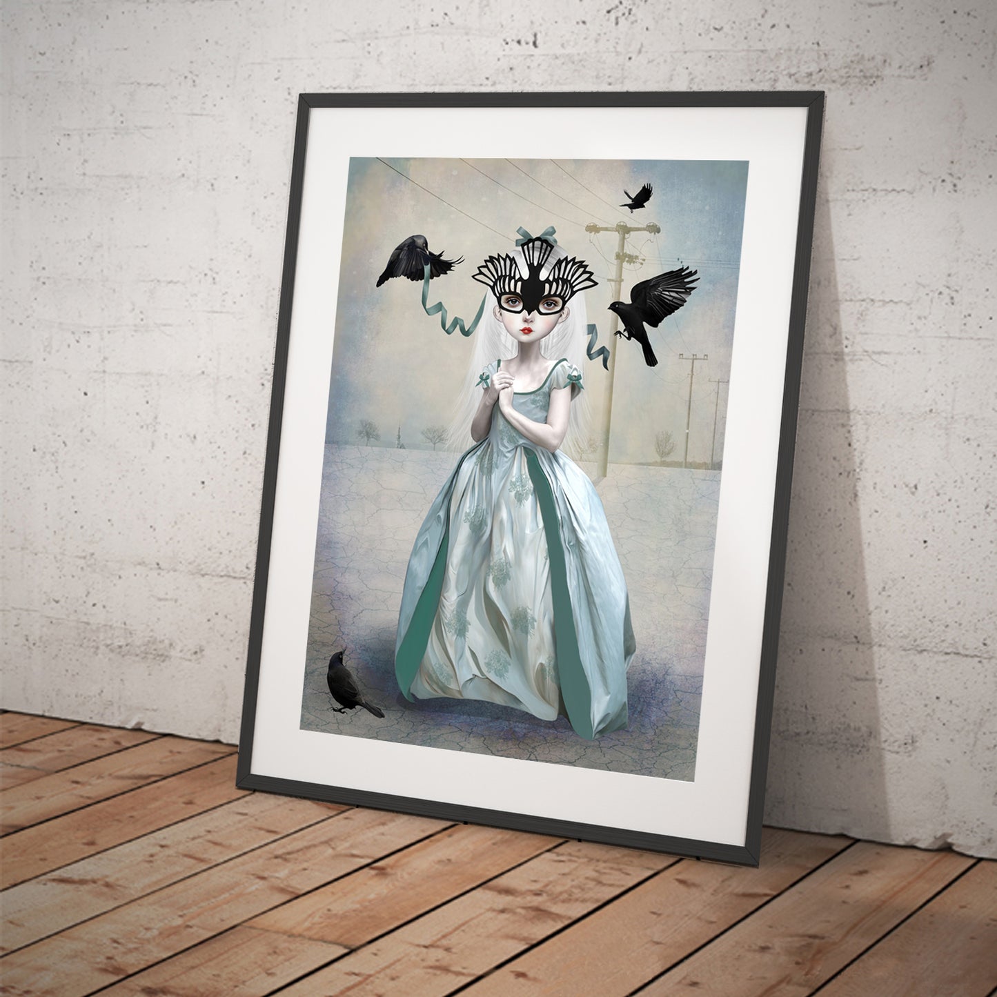 Surrealism blackbird art print featuring a girl in a blue gown adorned with a blackbird mask surrounded by blackbirds. 