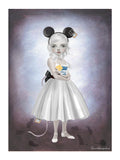 Surreal art print featuring a wide-eyed girl adorned with mouse ears, surrounded by scurrying mice 