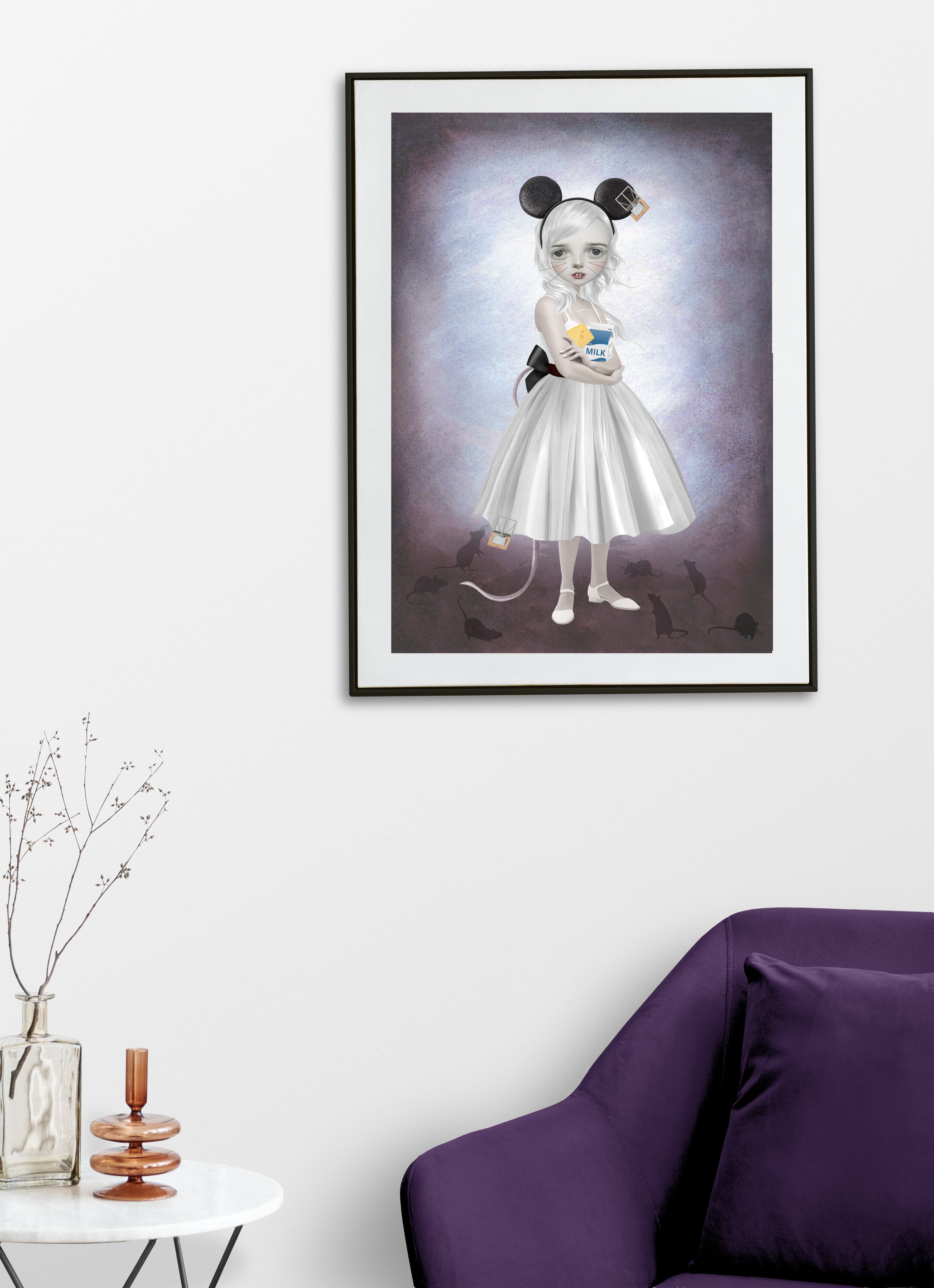surreal art print on a living room wall featuring a wide-eyed girl adorned with mouse ears, surrounded by scurrying mice and contrasting elements of comfort and danger