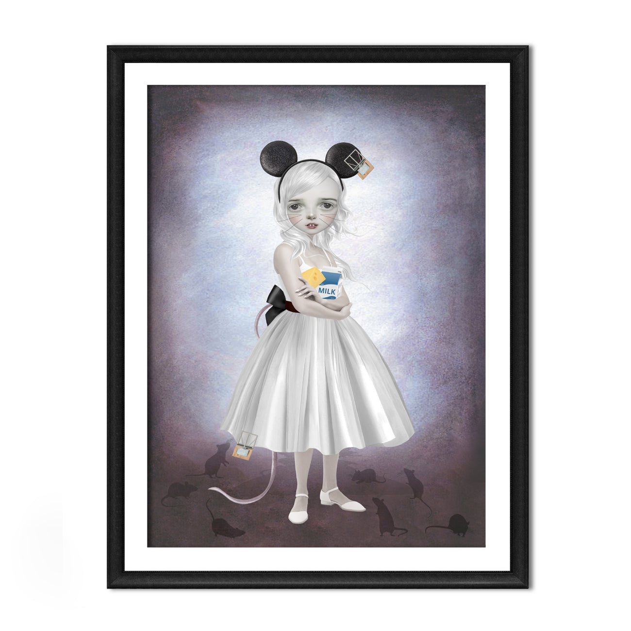 Framed artwork of a stylized figure with mouse ears and a white dress on a dark background