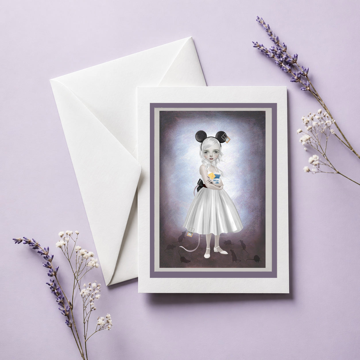 Greeting card with a mouse girl surrounded by mice accompanied by a white envelope.