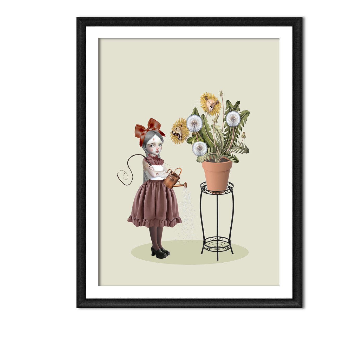 Surreal art print in an A4 frame features a girl stands with a whip and a watering can, carefully tending to a potted plant where vibrant dandelions transform into roaring and sleeping lions.