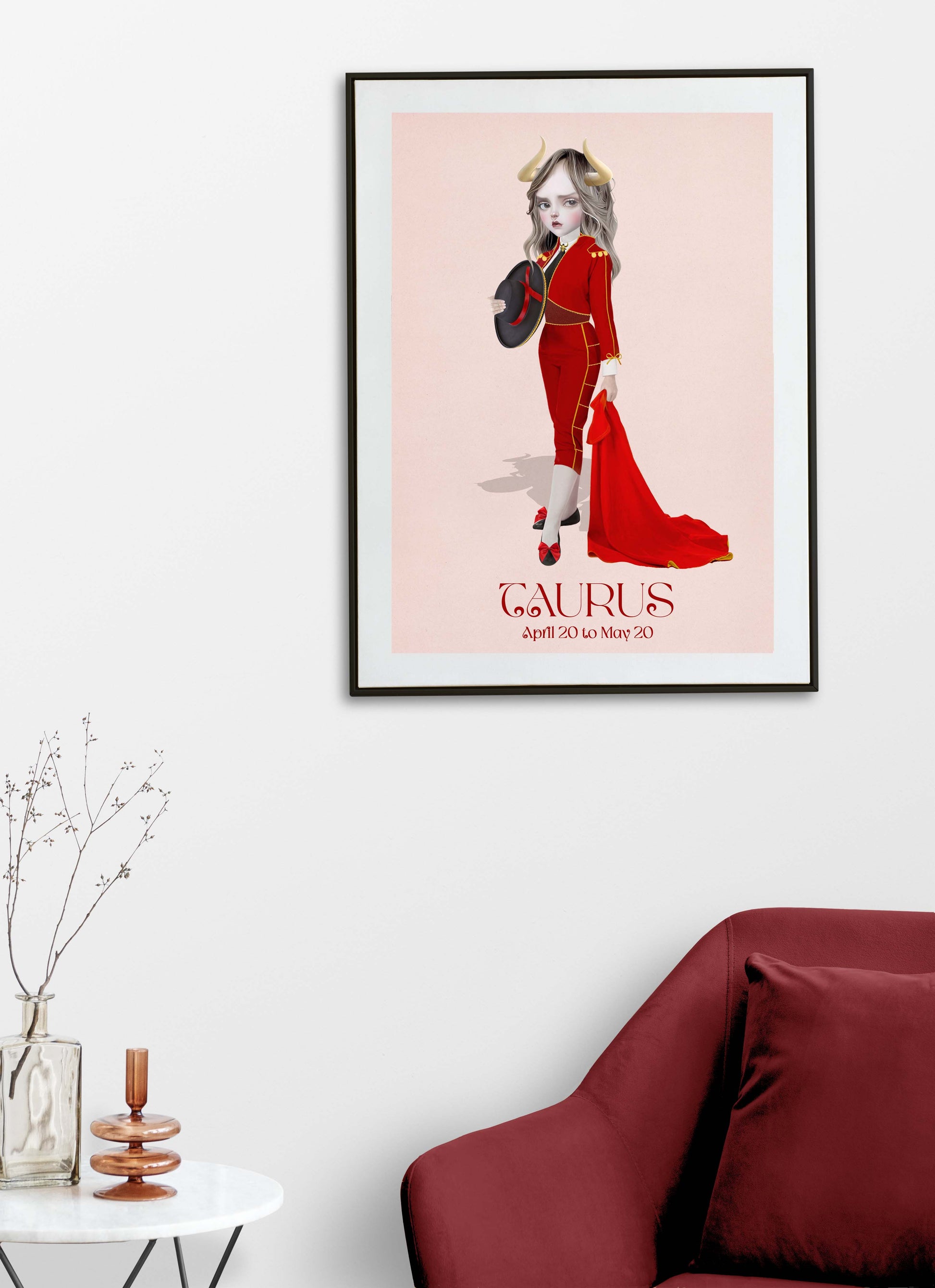 Taurus Girl star sign  art print hanging on the wall of a modern living room. Perfect for adding a astrological touch to your home decor.