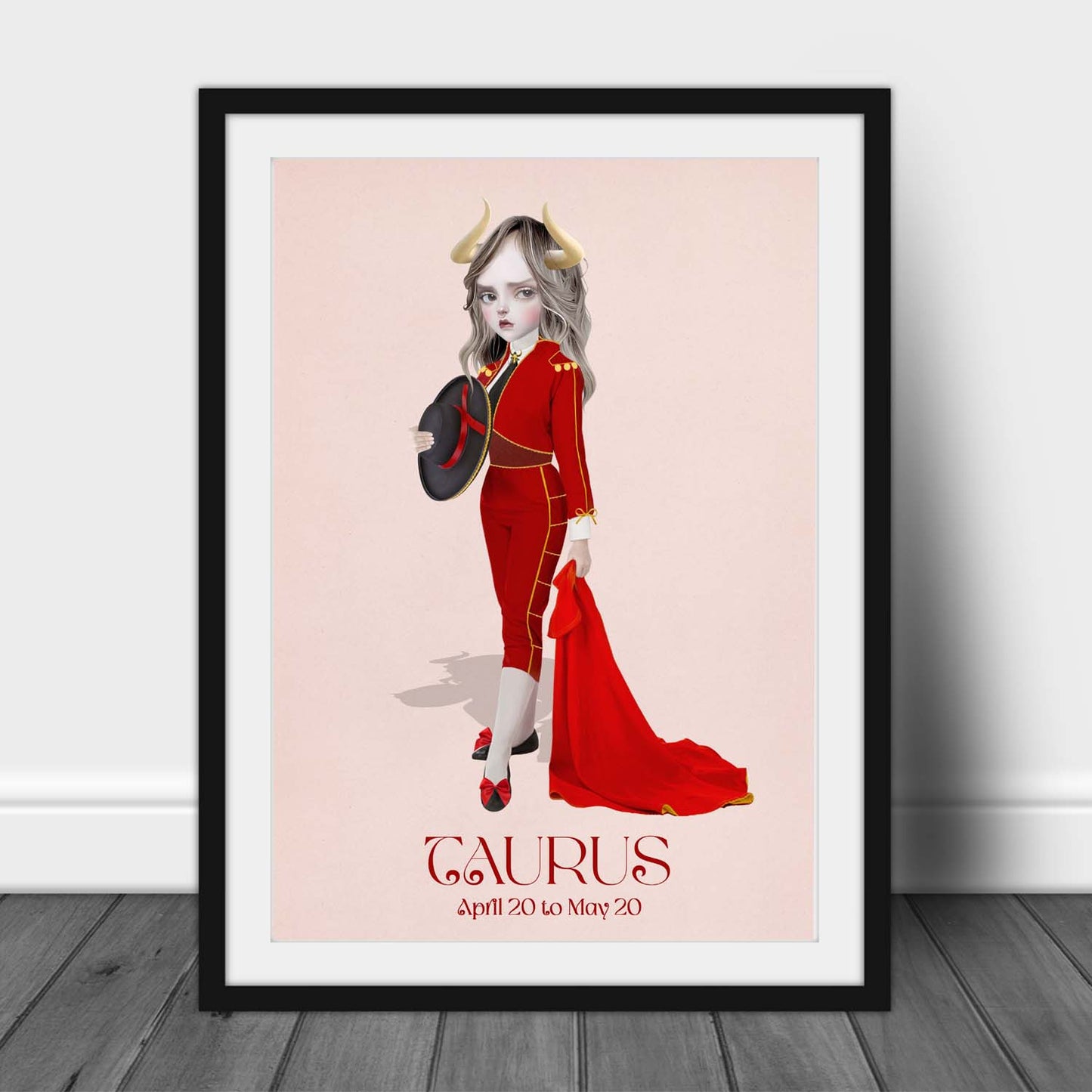 Female character representing Taurus art print in a sleek frame, set against a white background.