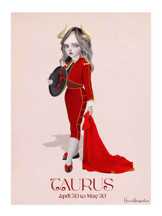 Star sign art print featuring a female character representing Taurus, displayed without a frame.
