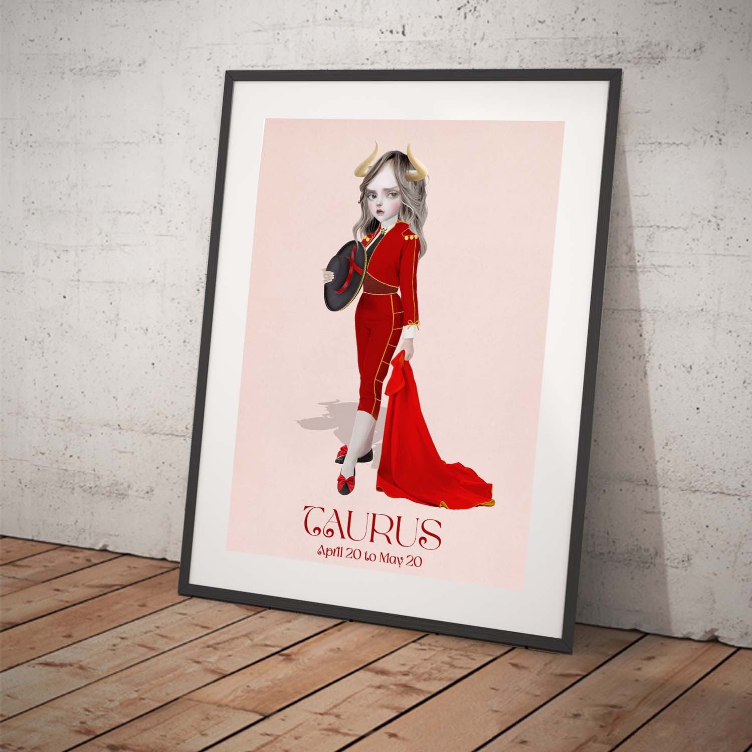 Star sign art print featuring a female character representing Taurus . Displayed in a tilted frame for a stylish presentation. Perfect for astrological home decor.