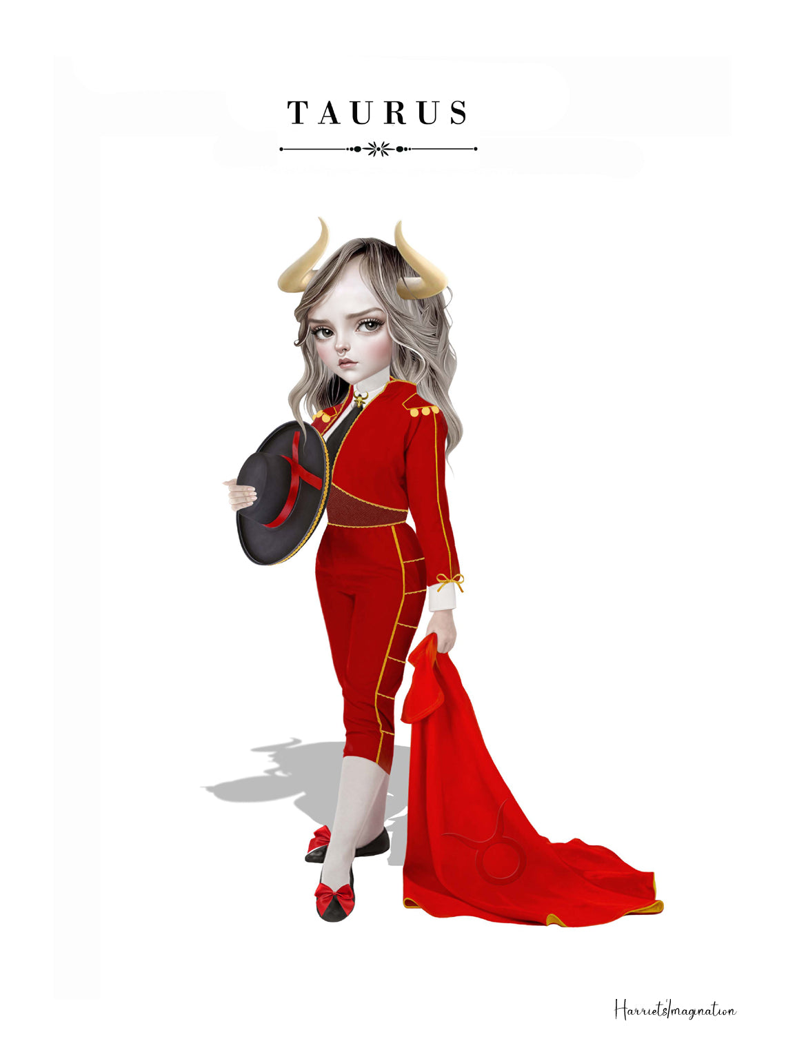 illustration of a horned maiden in a red matador suit holding a red cape and hat.