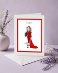 Taurus zodiac birthday card featuring an illustration of a horned maiden in a red matador suit holding a red cape and hat.