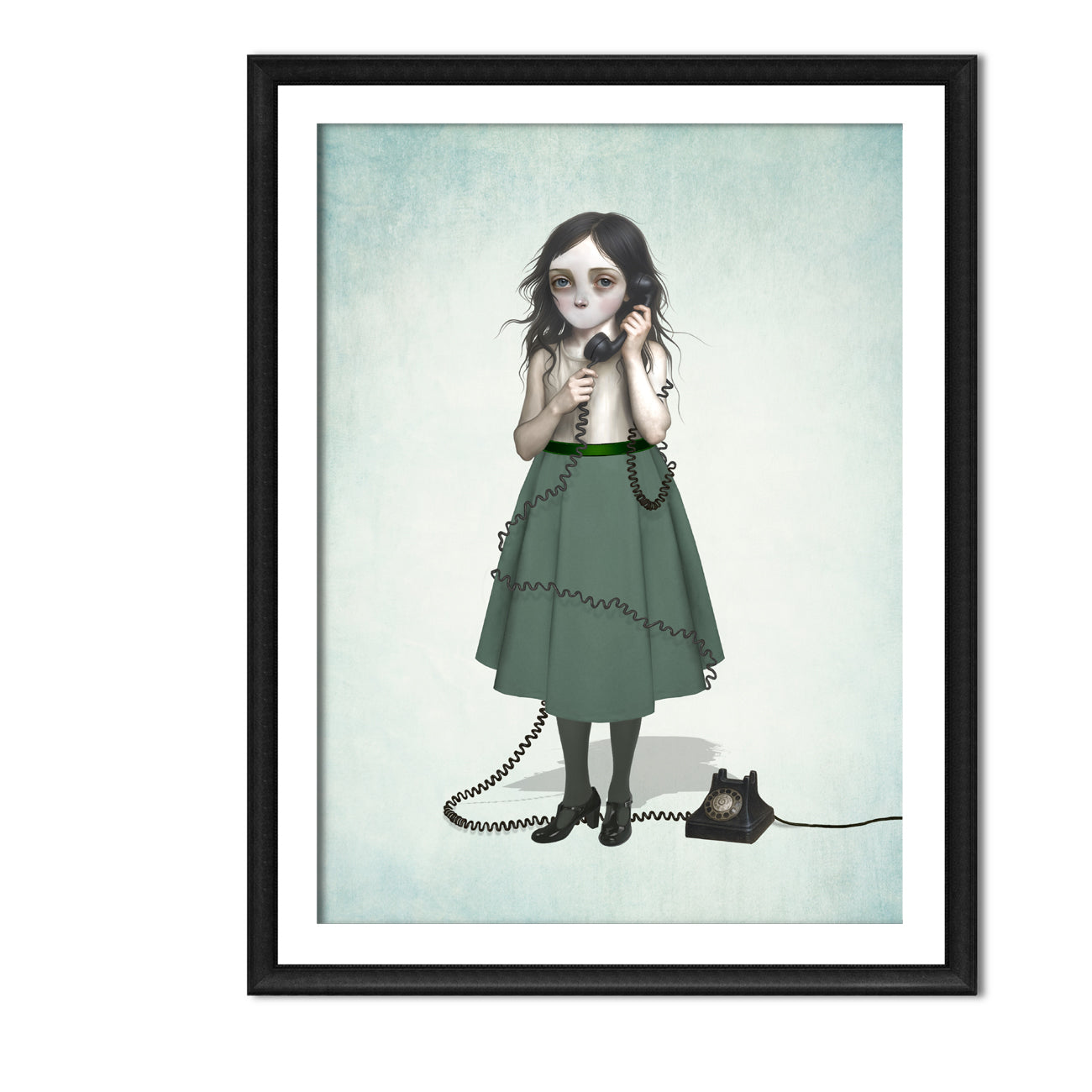 Big Eye girl art print with vintage rotary phone in a sleek black frame, hanging on a clean white gallery wall. Surreal lowbrow decor style