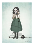Surreal lowbrow art print featuring a wide-eyed girl and no mouth holding a black rotary phone with a tangled cord.