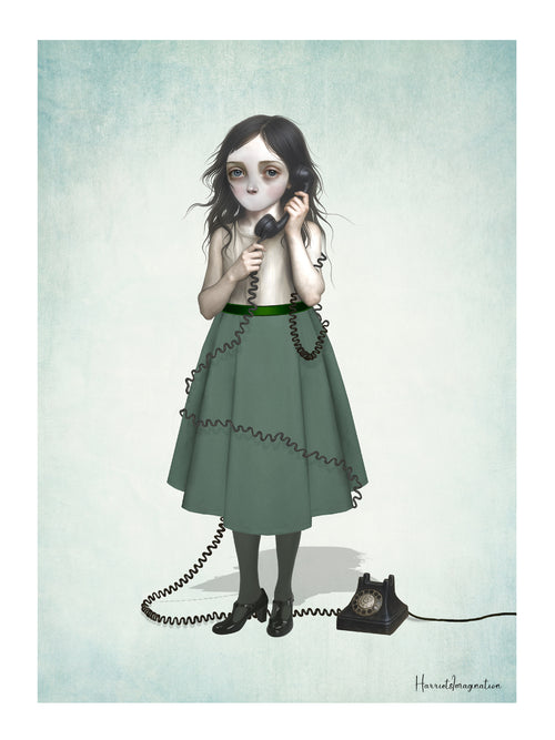 Surreal lowbrow art print featuring a wide-eyed girl and no mouth holding a black rotary phone with a tangled cord.