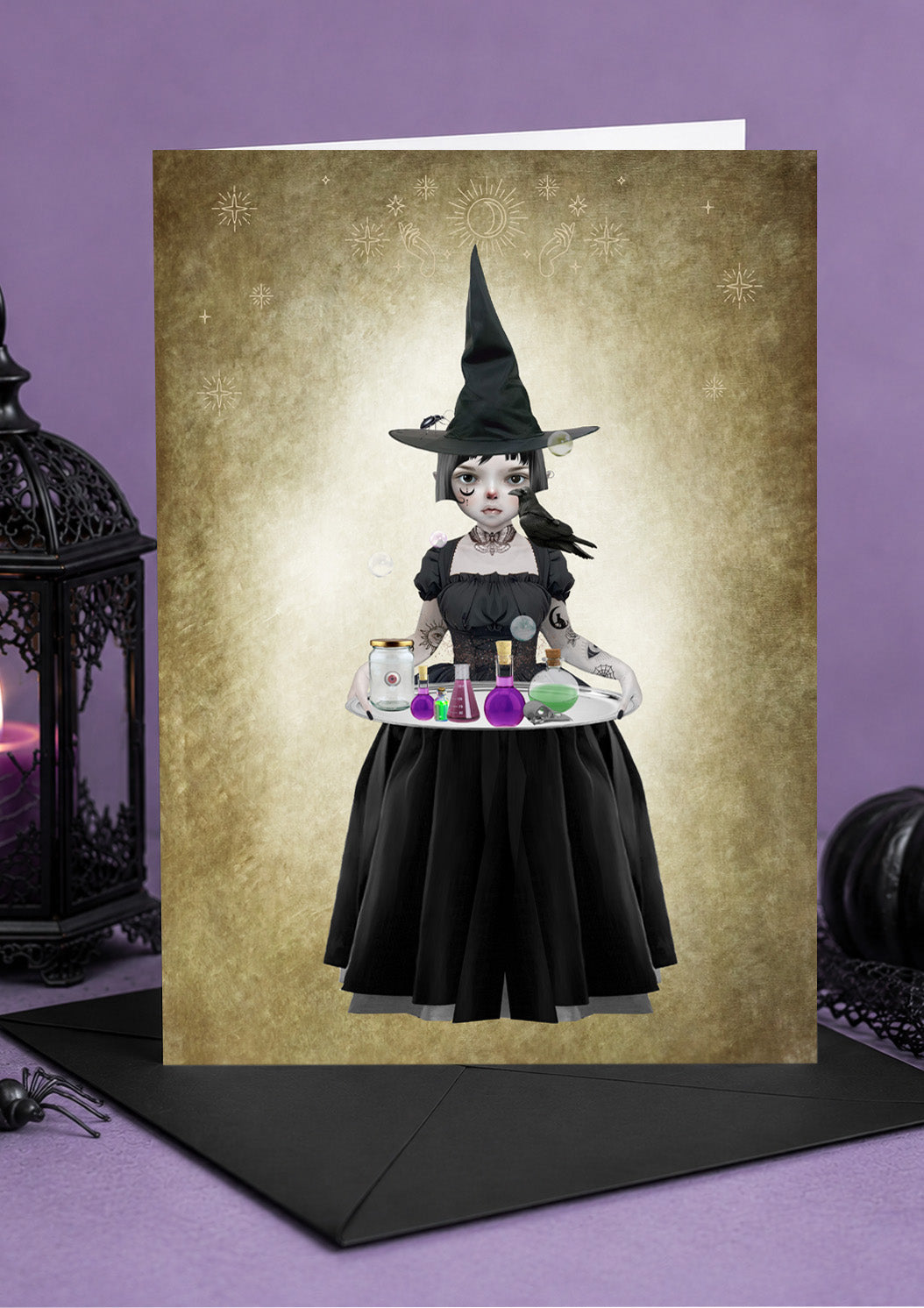 A witch with a serving tray of potions and lotions art greeting card.