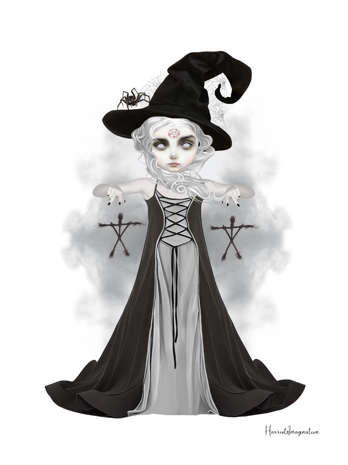 A witchy art print featuring the blair witch, displayed without a frame.