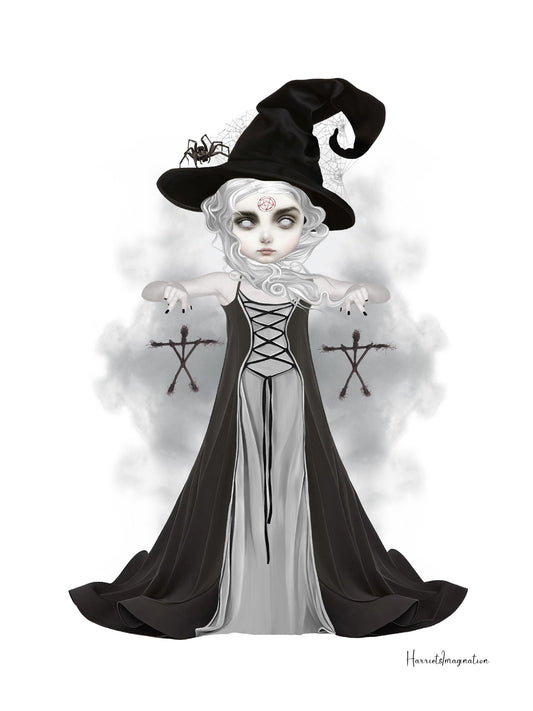 A witchy art print featuring the blair witch, displayed without a frame.