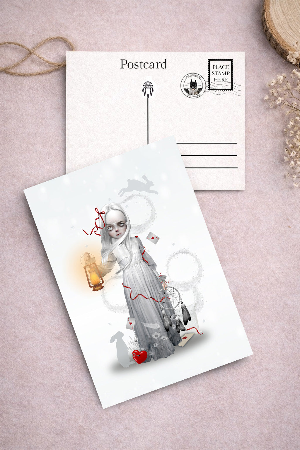 Dreamy Art Postcard with artistic illustration of a sleepwalking girl holding a lantern to find her way through dreams.