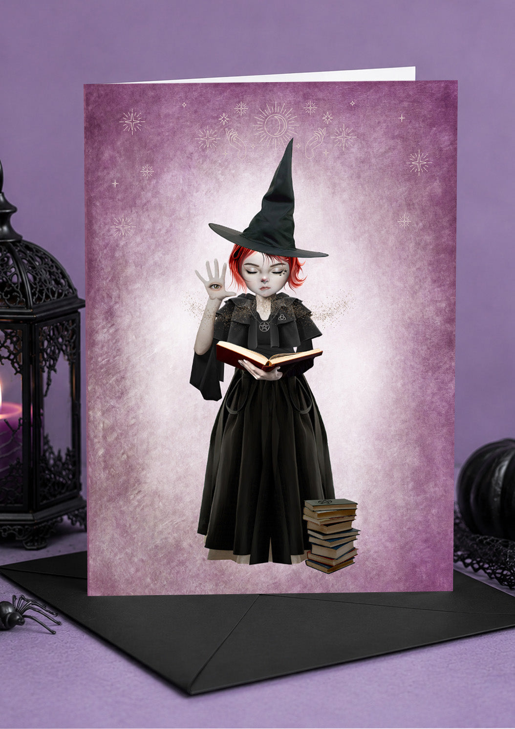 Witch casting spells from her books art greeting card.