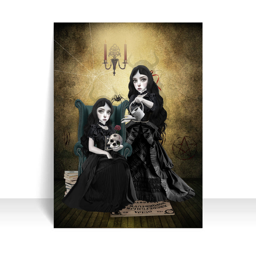Close-up of sister witches preparing  for the witching hour ACEO art card against a white background, highlighting its intricate creepy cute details.