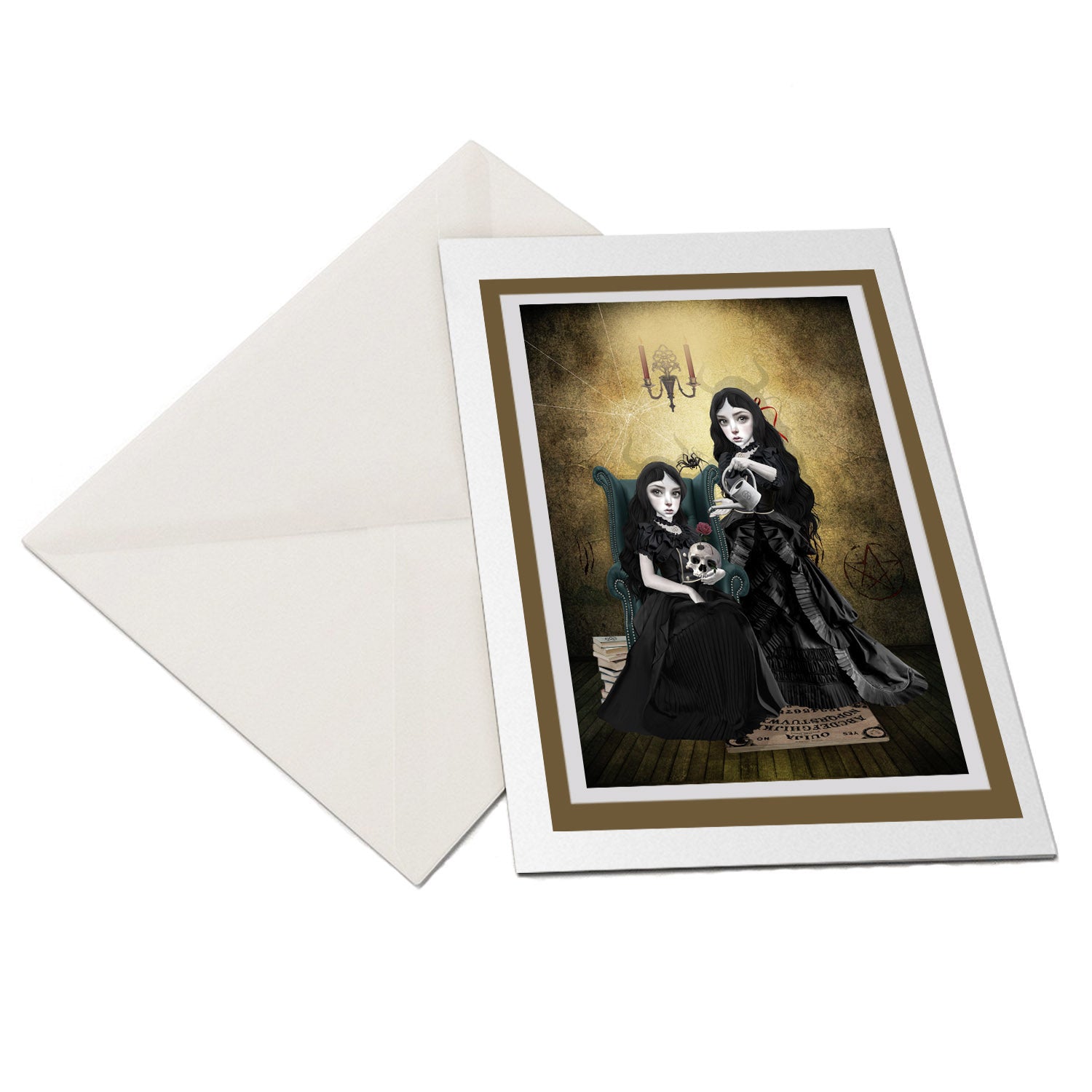 The flat-lay of two sister witches preparing for the witching hour, greeting card and matching envelope is ideal for any occasion.
