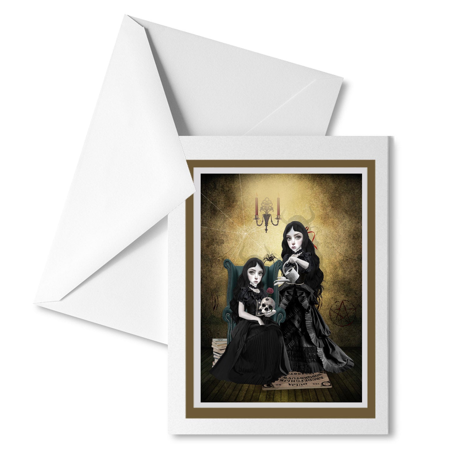 Witch sisters preparing fr the witching hour greeting card with matching envelope, perfect for sending a dark, whimsical message.