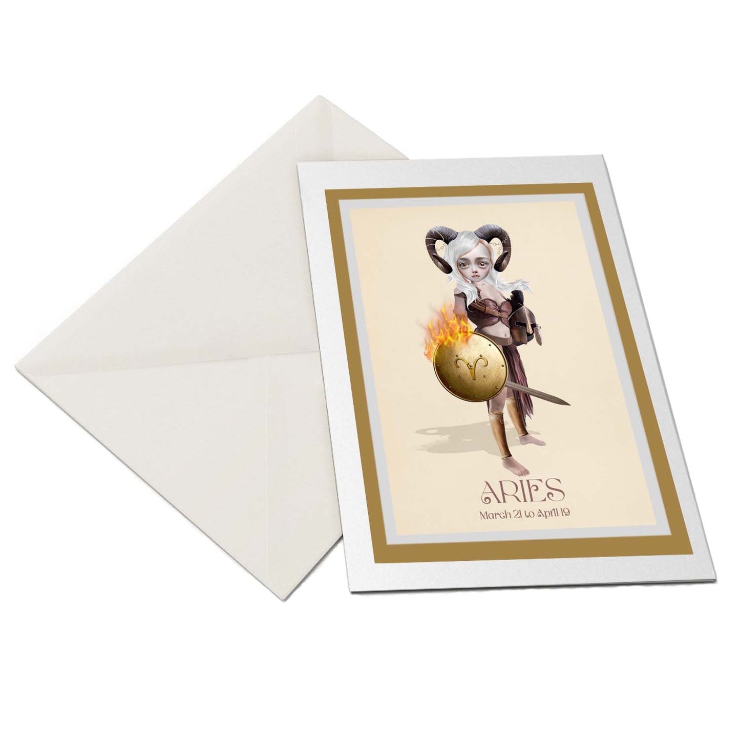 The flat-lay of the Aries girl star sign greeting card and matching envelope is ideal for any occasion.