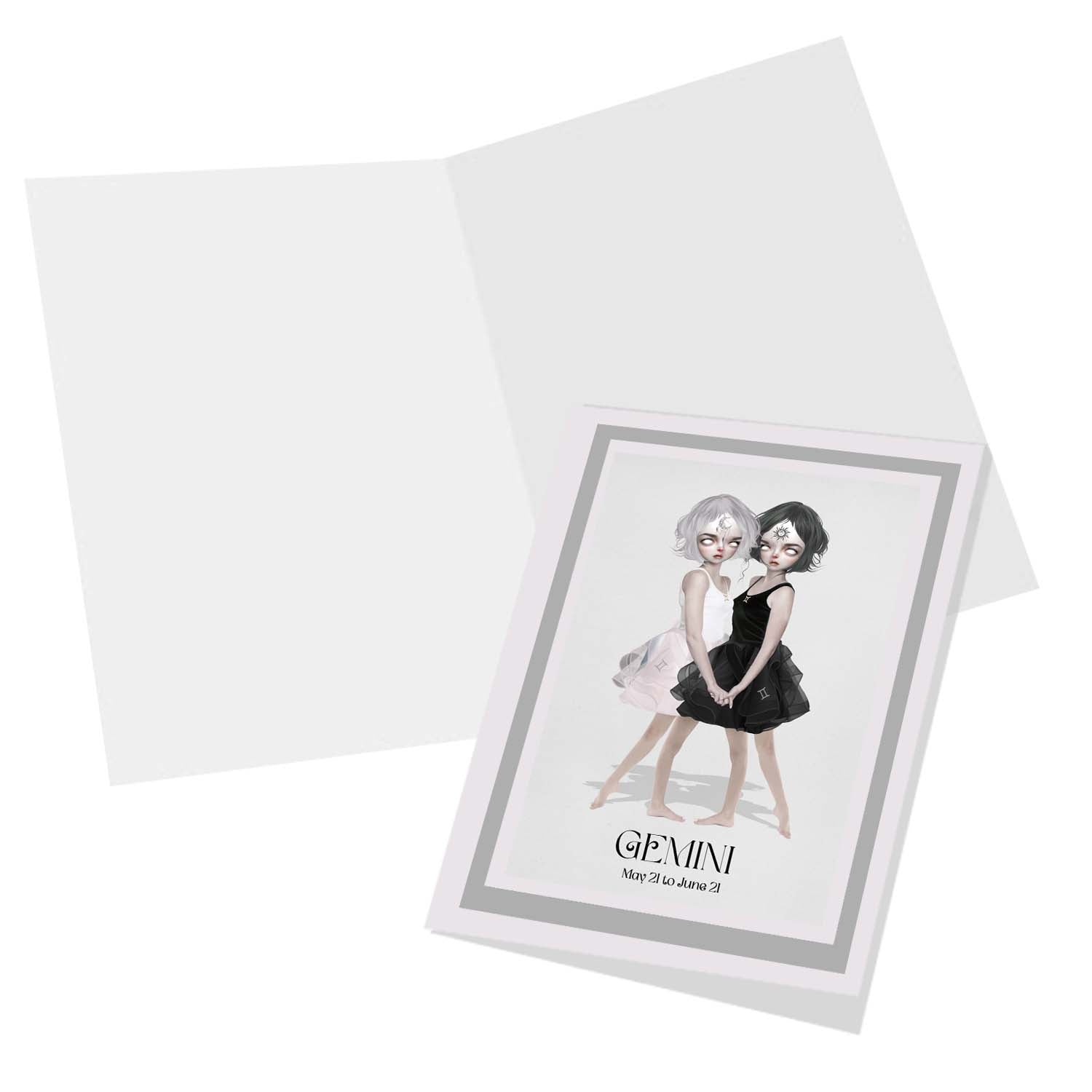 The flat-lay of the Gemini twins greeting card and matching envelope is ideal for any occasion.