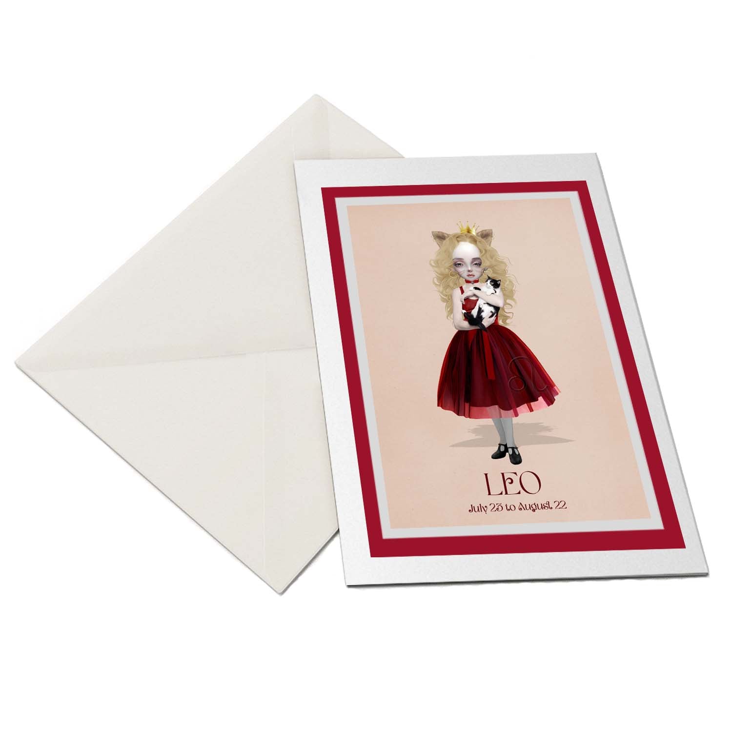 The flat-lay of the Leo star sign greeting card and matching envelope is ideal for any occasion.