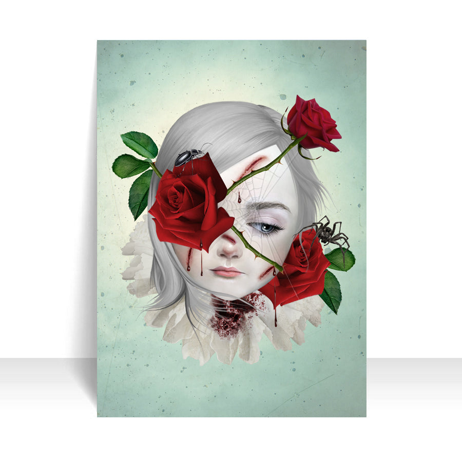 Close-up of Girl with thorny roses around her face ACEO art card against a white background, highlighting its intricate creepy cute details.