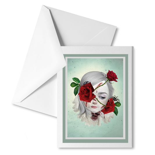 Thorny Rose Girl greeting card with white envelope, perfect for sending a dark, whimsical message.