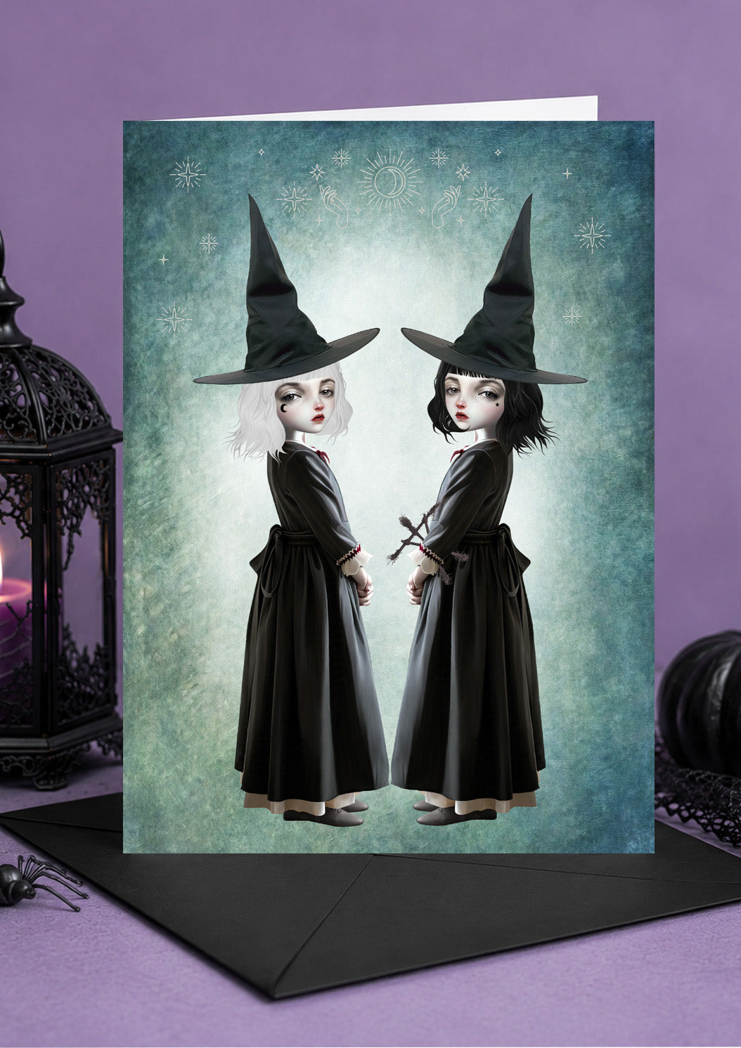 Sister witches ready to cast spells art greeting card.