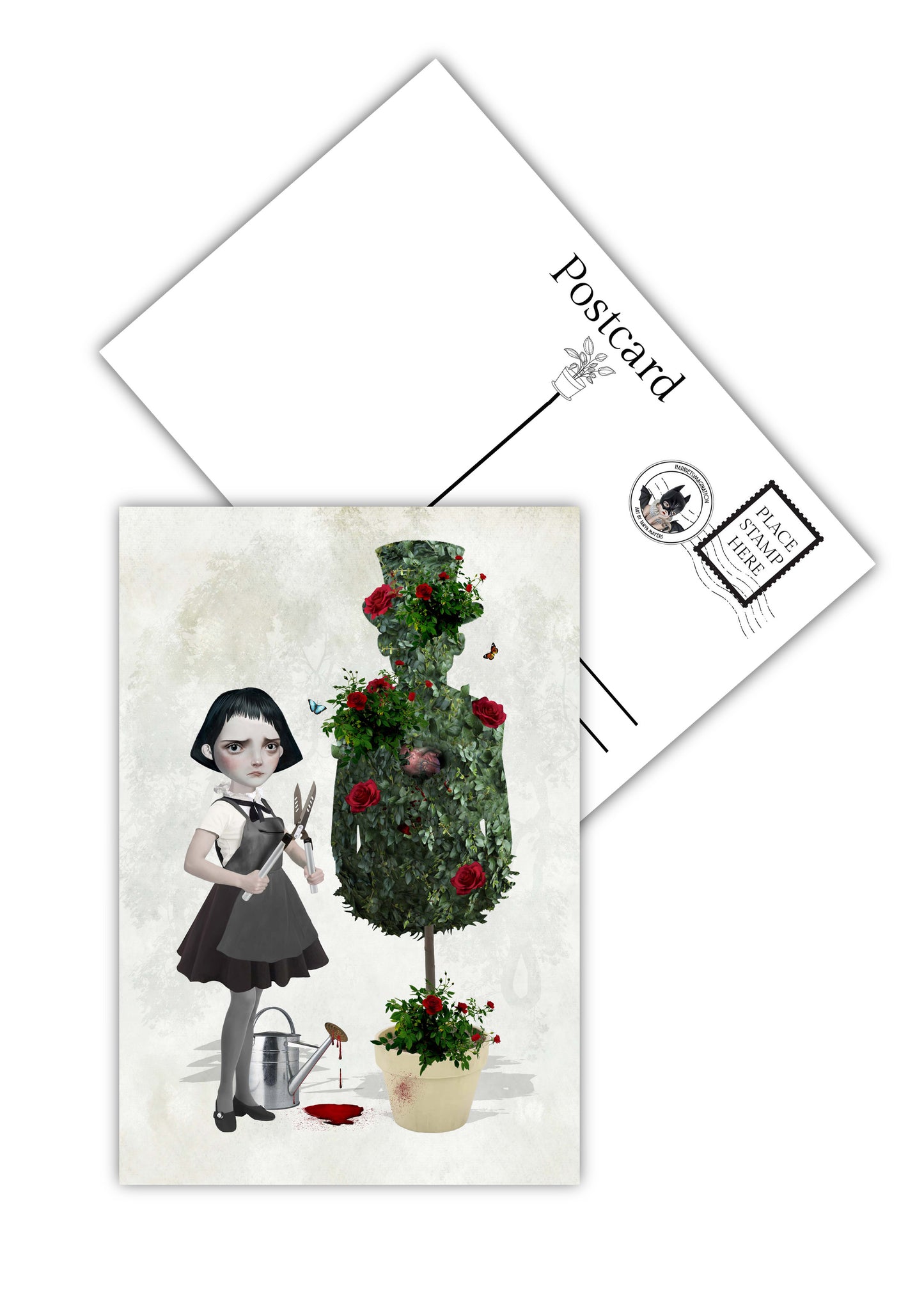 Topiary man postcard showing front quirky design and matte back for writing messages.