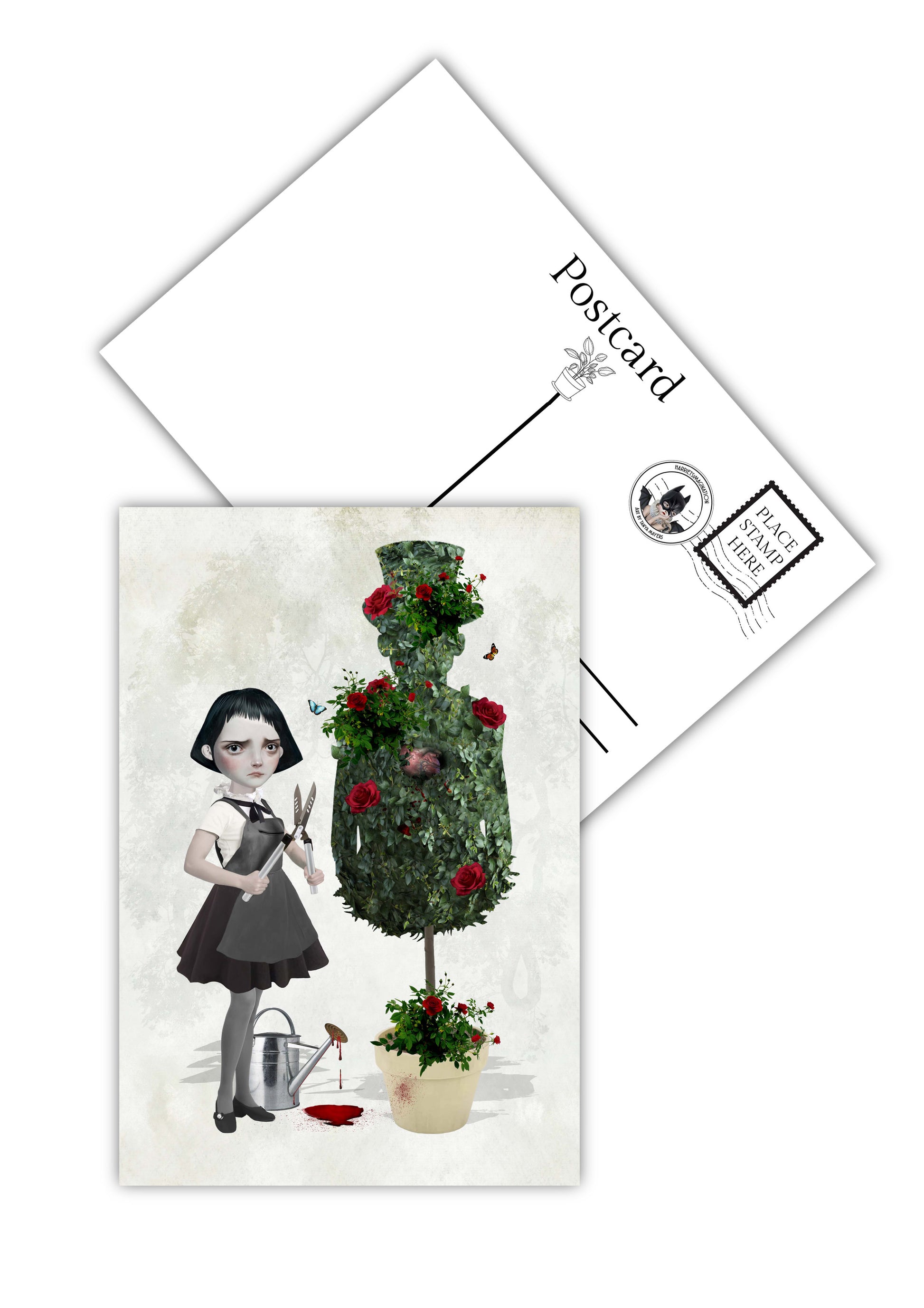 Topiary man postcard showing front quirky design and matte back for writing messages.
