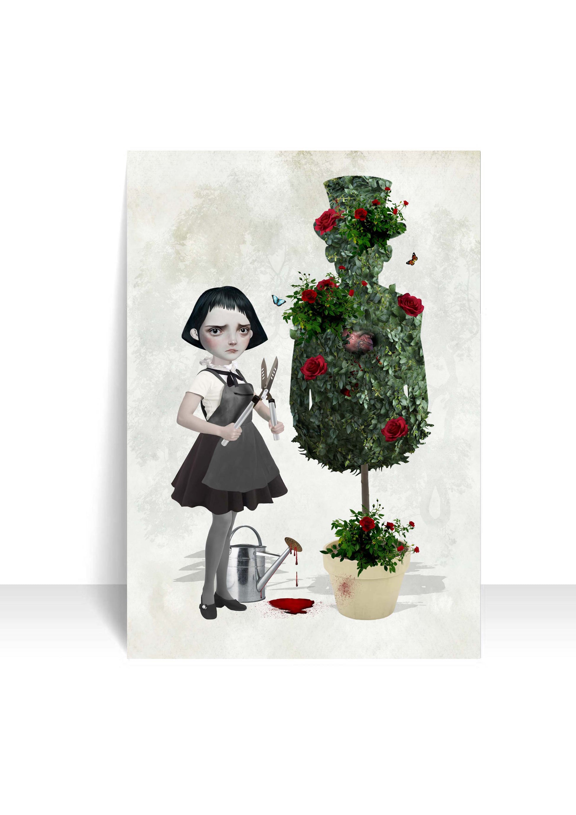 Girl and topiary man postcard featuring quirky art design on a white background. 