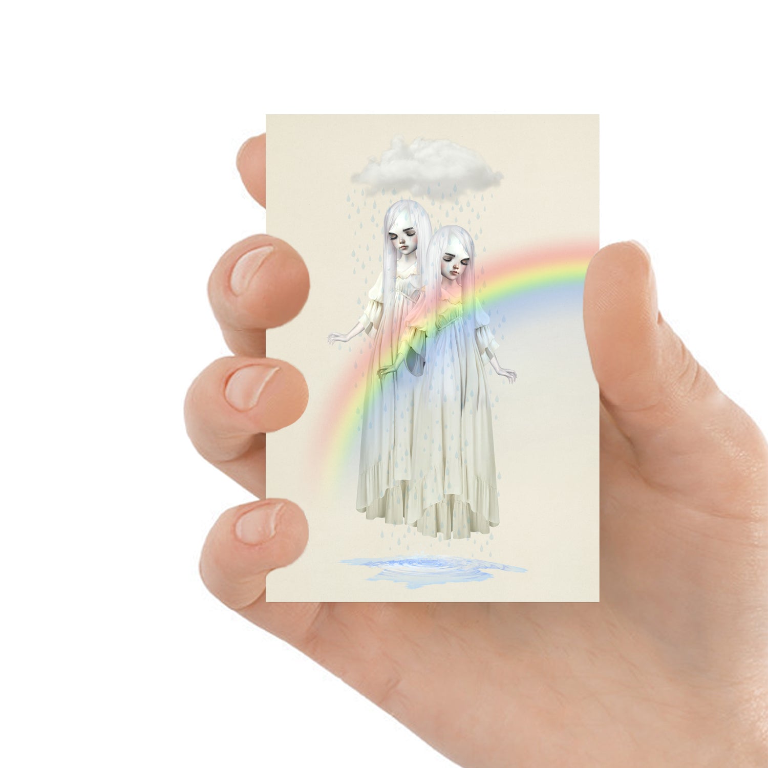 ACEO art card featuring a twin girls beneath rain cloud, held in hand—creepy cute gothic art style with surreal, whimsical elements.