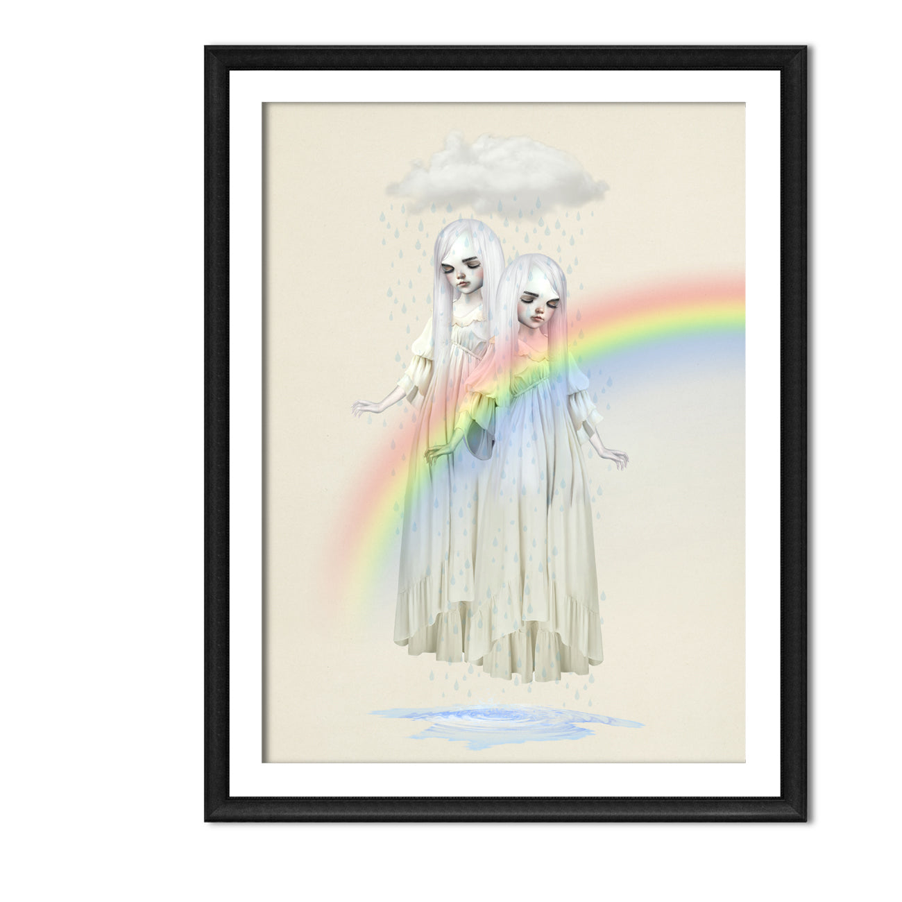 Twin girls beneath a rain cloud art print in a sleek frame, set against a white background.