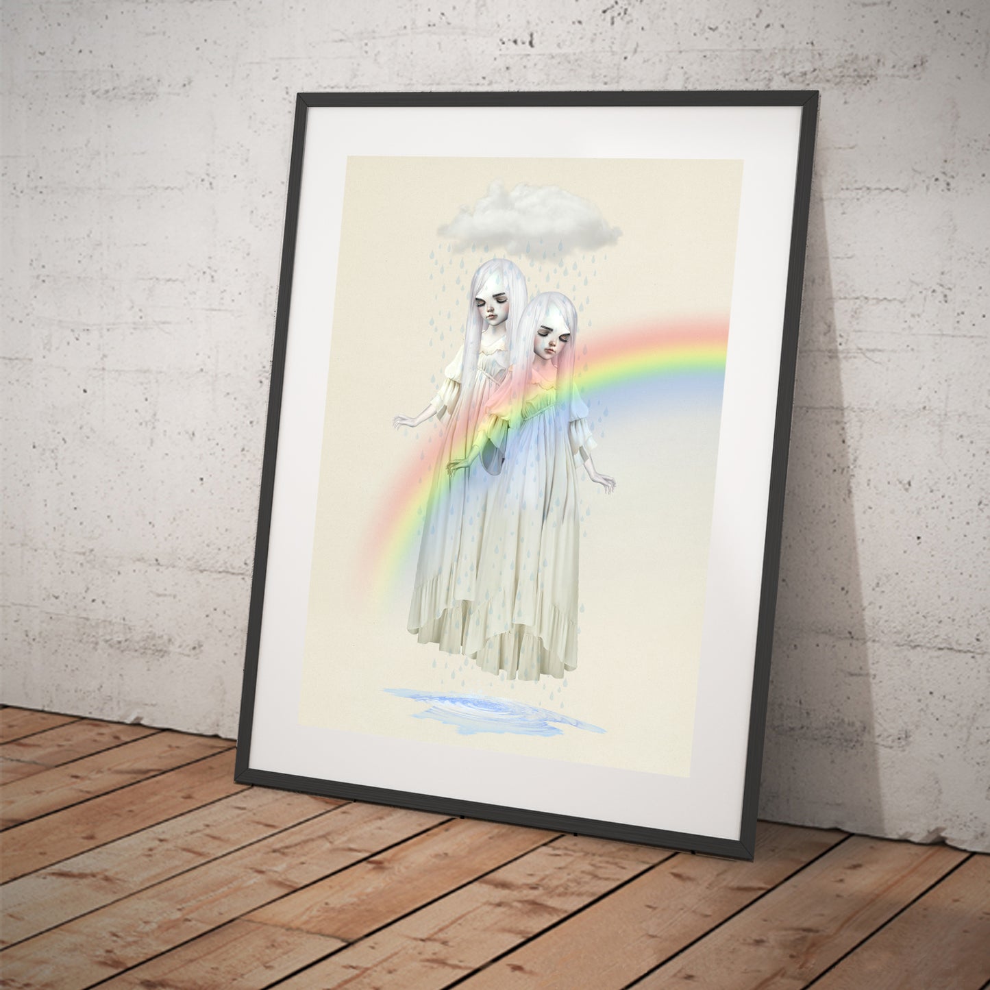 Art print featuring a twin girls beneath a rain cloud. Displayed in a tilted frame for a stylish presentation. Perfect for surreal or fantasy-themed decor.