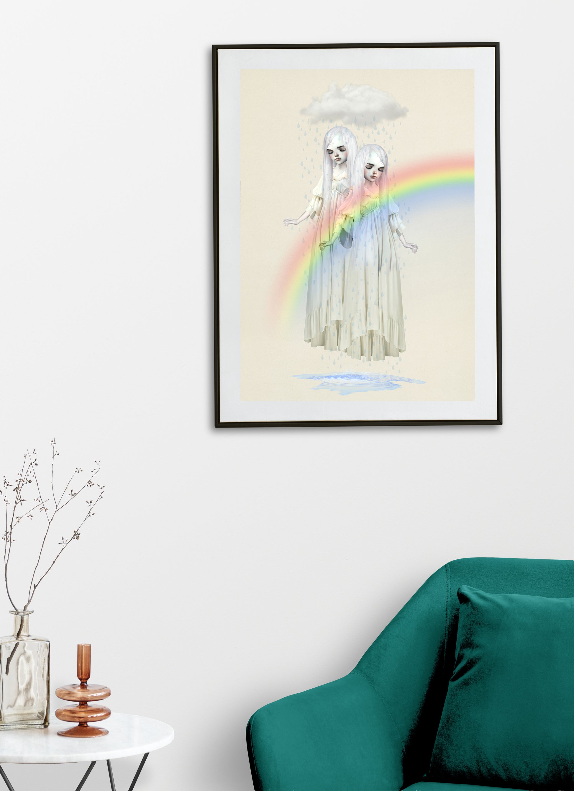 Twin girls beneath a rain cloud art print hanging on the wall of a modern living room. Perfect for adding a  touch to your home decor.