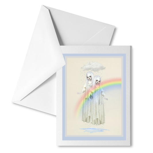 Twin girl beneath a rain cloud greeting card with white envelope, perfect for sending a sweet, whimsical message.