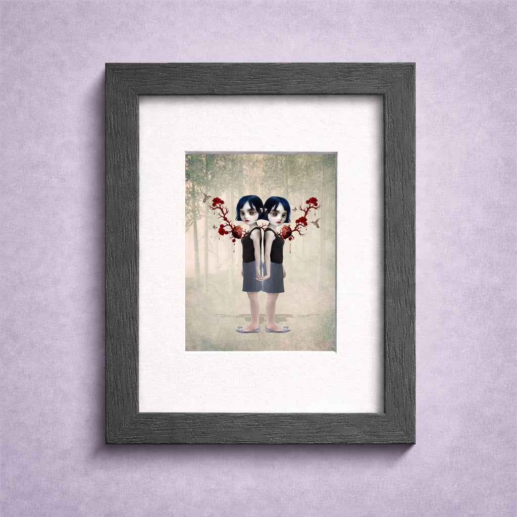a surreal ACEO art card. Features twin girls with rose hearts—perfect for miniature gothic fantasy decor.