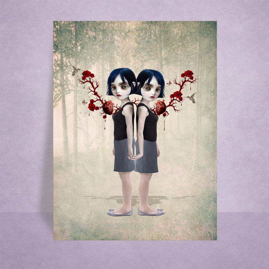 a surreal ACEO art card on a lilac background. Features twin girls with rose entwined anatomical hearts showing their sisterly bond.