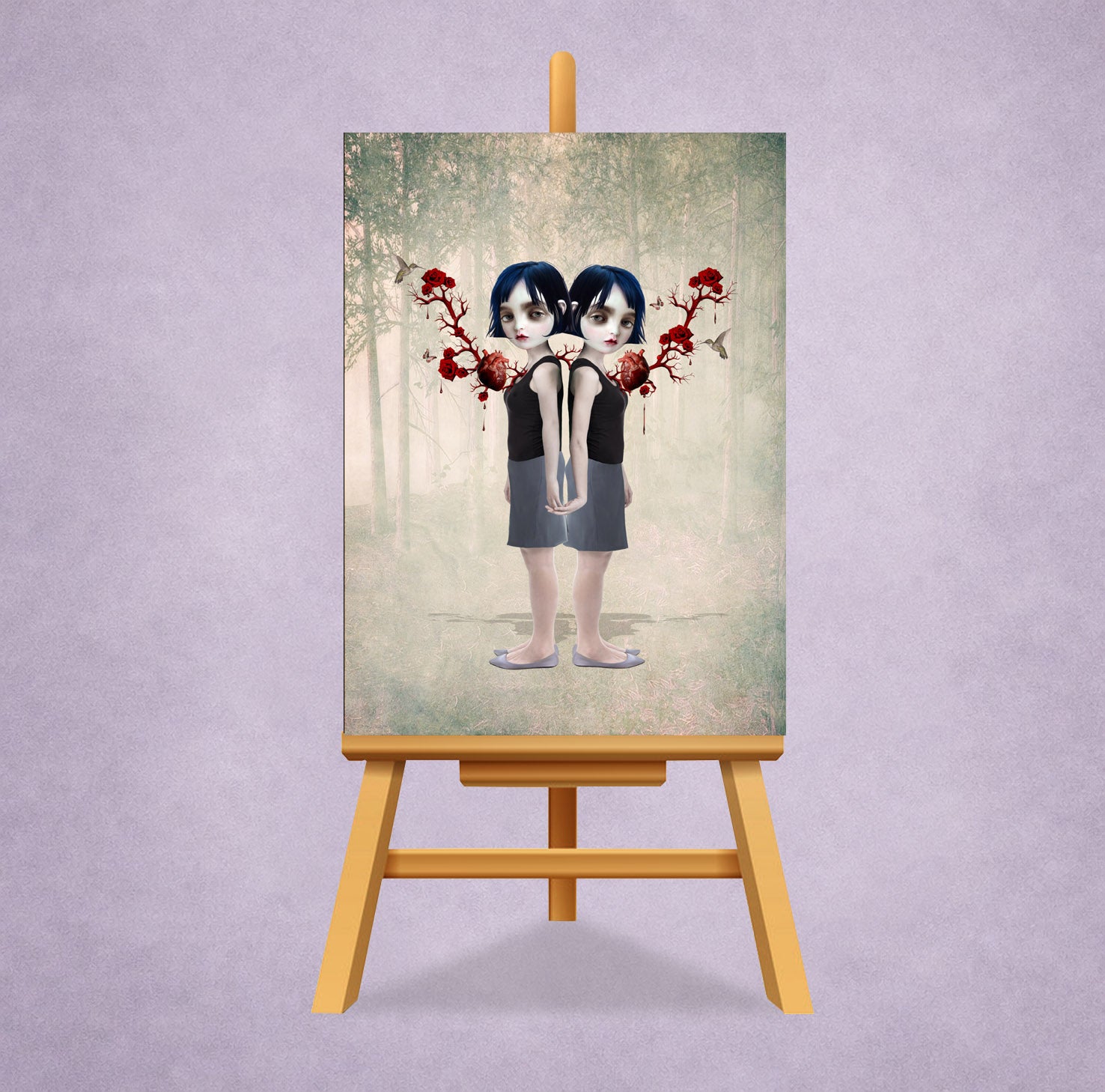 a surreal ACEO art card on a miniature display stand. Features twin girls with rose entwined anatomical hearts showing their sisterly bond.