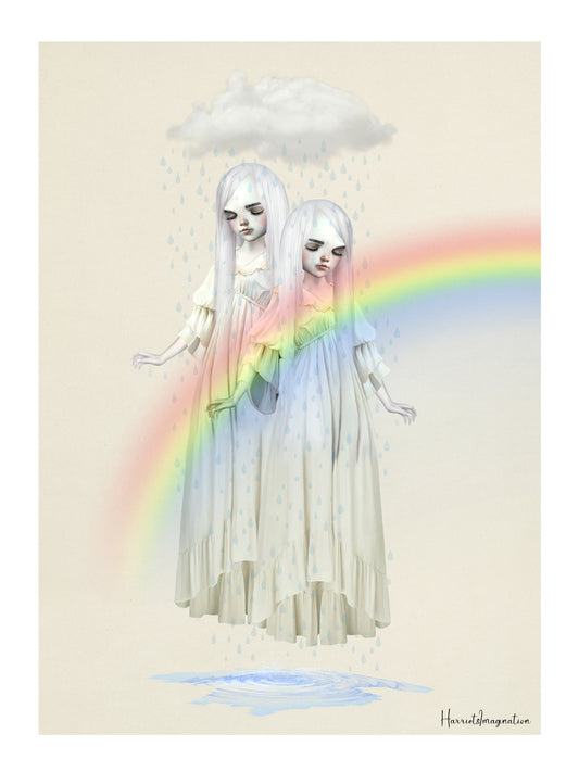 A surreal art print featuring a twin girls beneath a rain cloud, displayed without a frame.