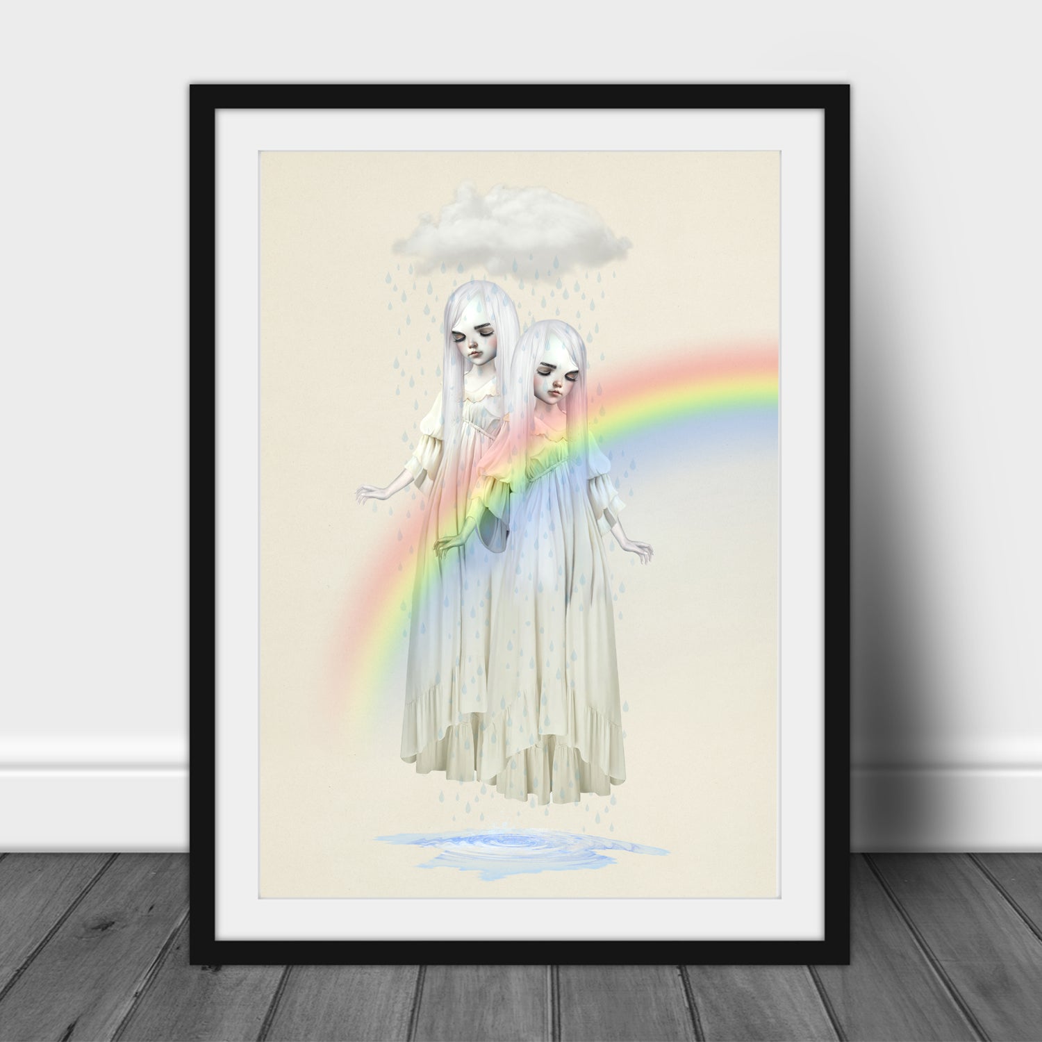 Art print of twin girls benath a rain cloud, leaning against a wall, creating a surreal and dreamy atmosphere with fantasy and surreal elements