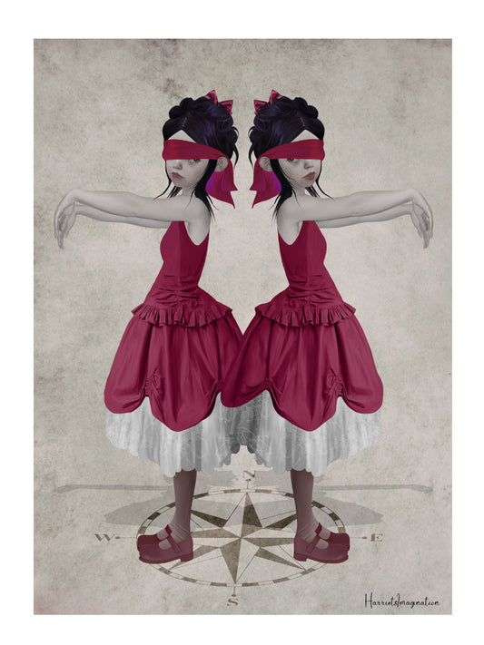 Unframed art print of blindfolded twin sisters standing on a compass, in a surreal dark style.