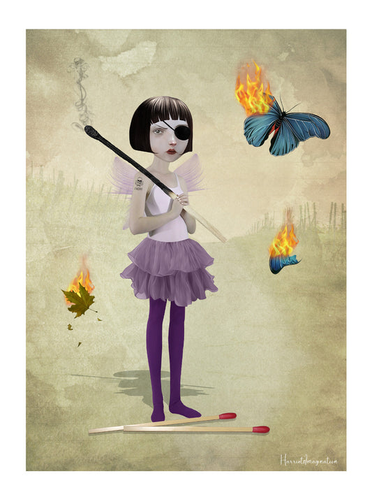 Unframed dark fantasy art print featuring a fierce fairy setting butterflies on fire, perfect for gothic and weirdcore decor lovers.