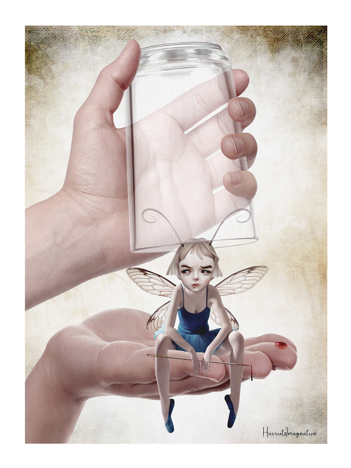 Unframed art print of a whimsical fairy defending herself with a sewing needle against a human, in a pop surrealism and lowbrow fantasy style.