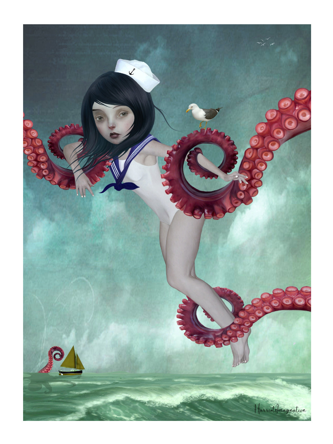 Unframed art print of a sailor girl, surrounded by a octopus tentacles.